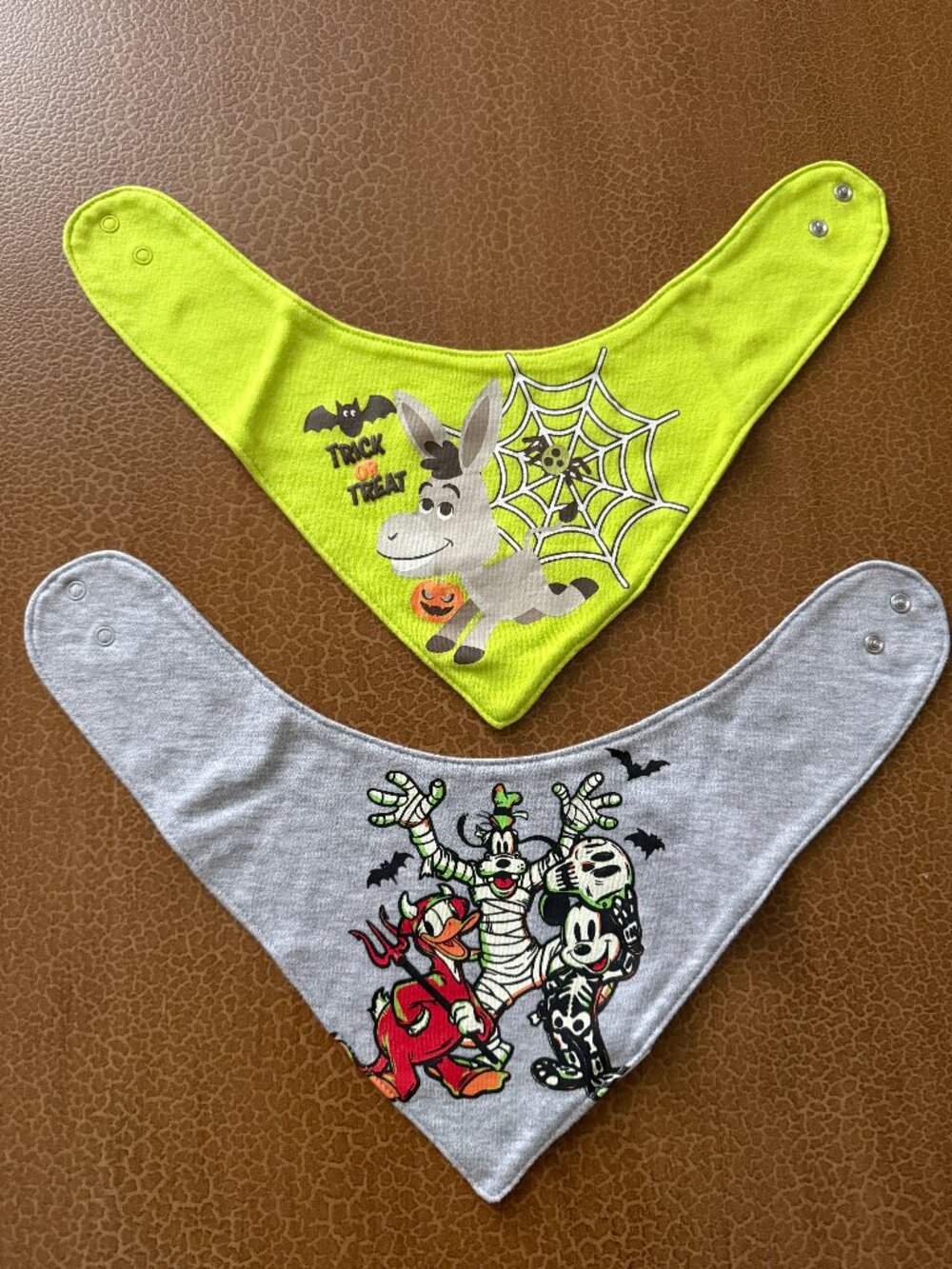 Set of 2 Halloween Bibs / Spit Cloths - Shrek & Disney Mickey Goofy Donald Duck